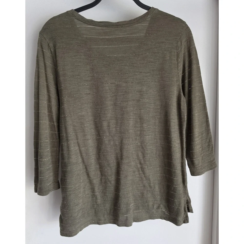 Banana Republic M Striped T-Shirt 3/4 Sleeve Olive Green Casual Top Tee Metallic